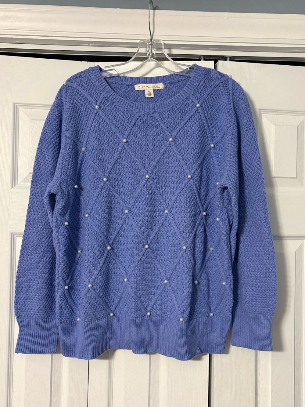 Periwinkle Pearl-Accent Diamond Knit Crew Sweater